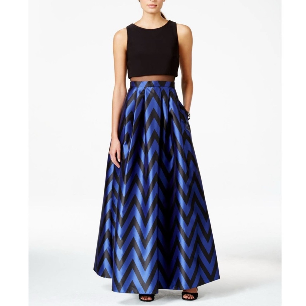 Betsy & Adam Sleeveless Mesh Waist Chevron Print Gown | Black/Blue | sz 8P | GUC - Picture 1 of 12
